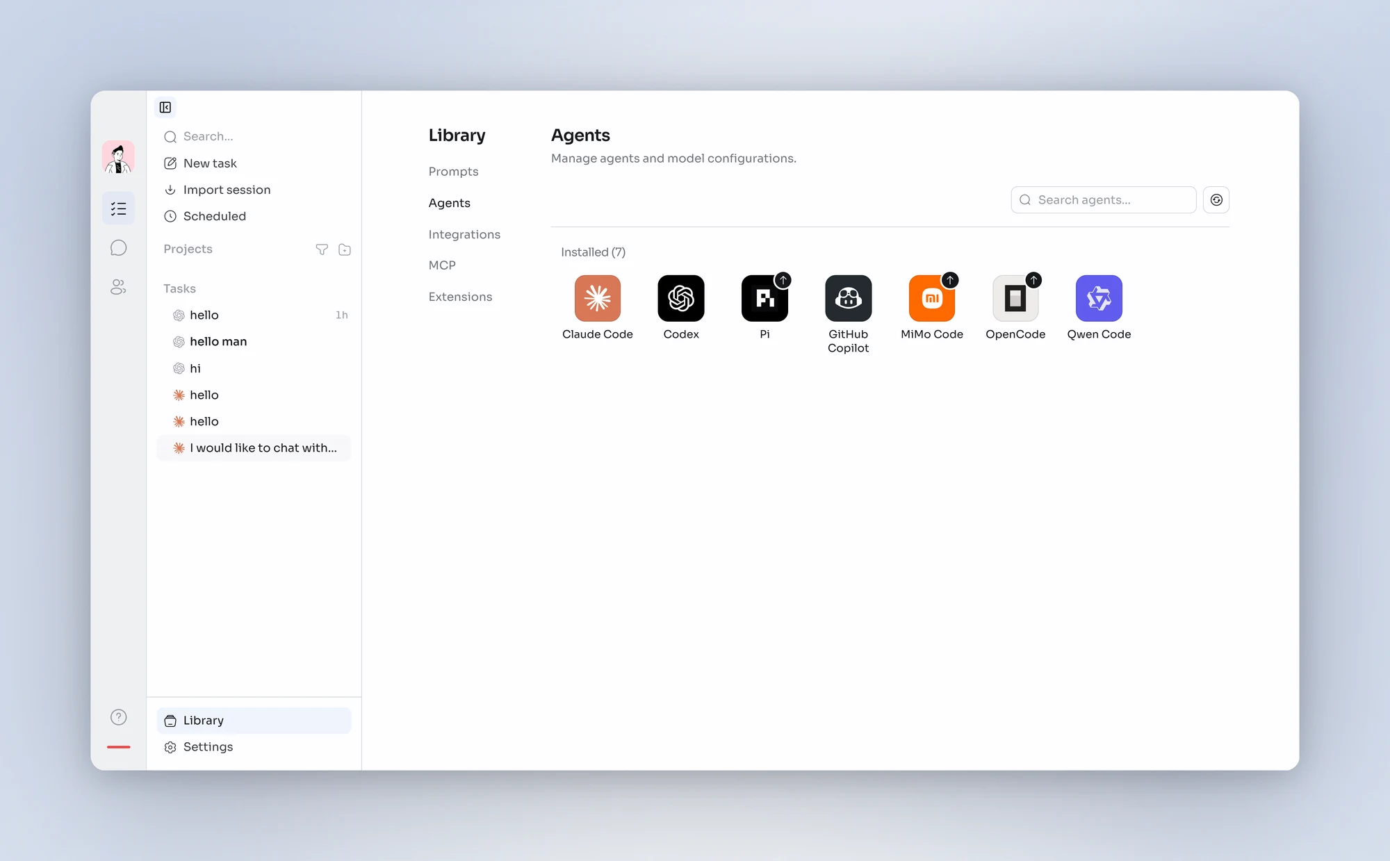 Library → Agents is now an icon grid; a badge marks agents that have a new version