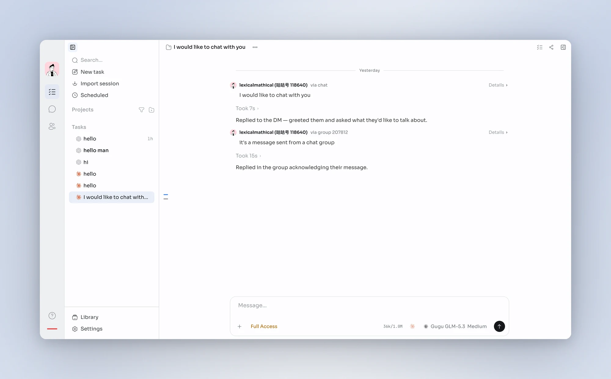 In a task-page conversation, cards for messages from others show the sender's real avatar