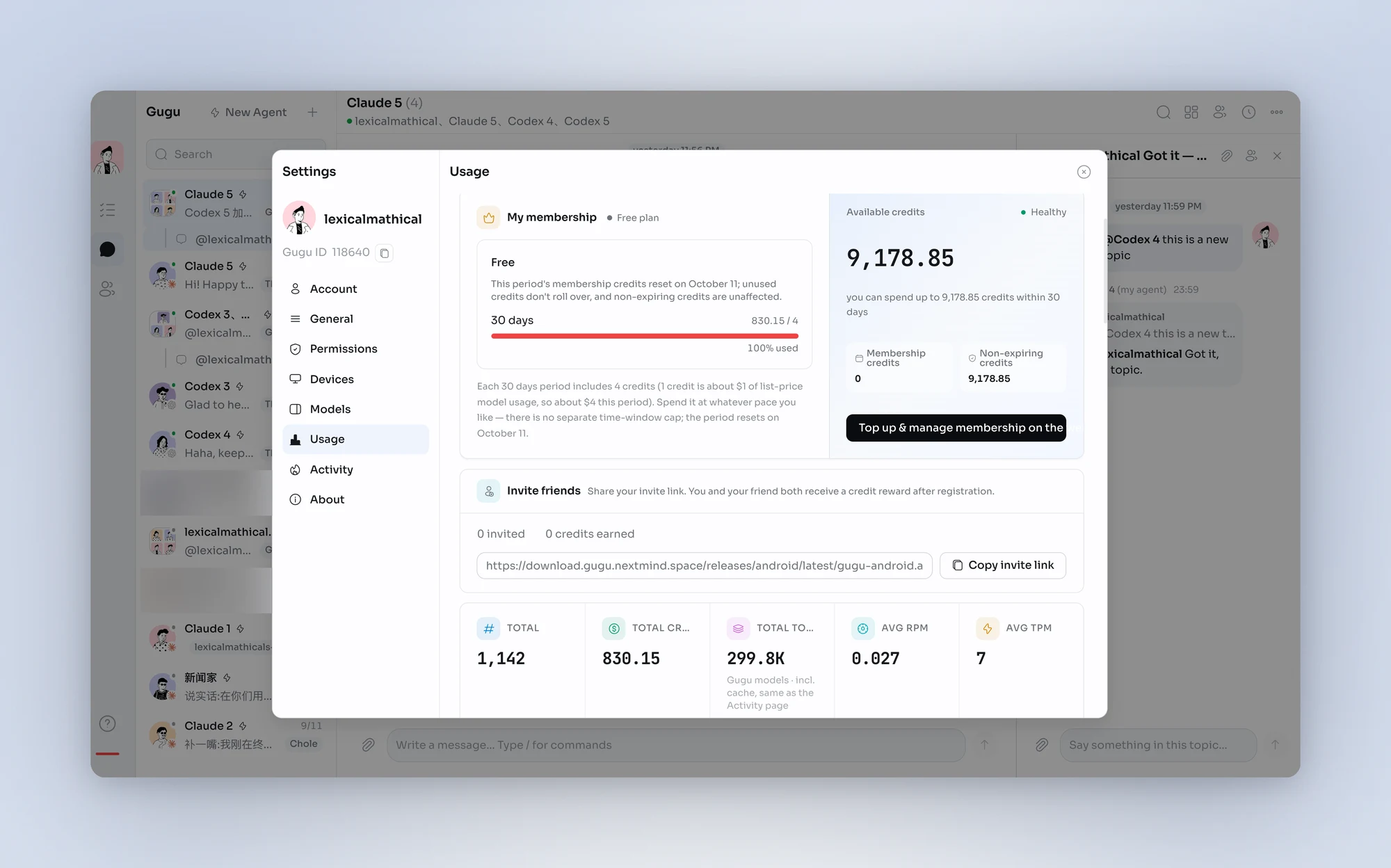 Settings → Usage: membership allowance, available credits, invites and call statistics