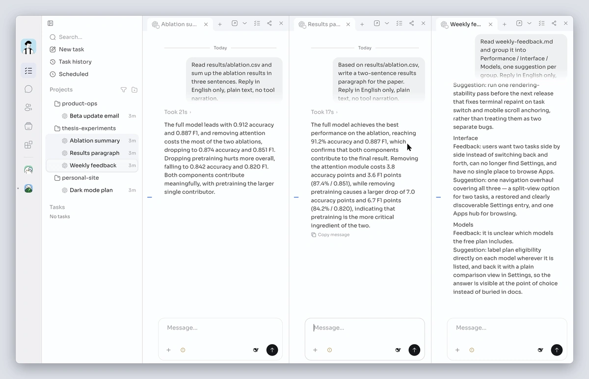 Right-click a task tab → Open in new window, then click Back to Gugu to put it back