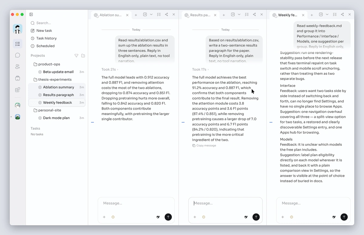 Right-click a task tab → Open in new window, then click Back to Gugu to put it back